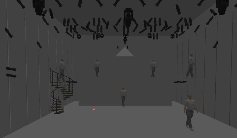 The Augment3d model: the hung rig over the set, spiral staircase and figures on stage