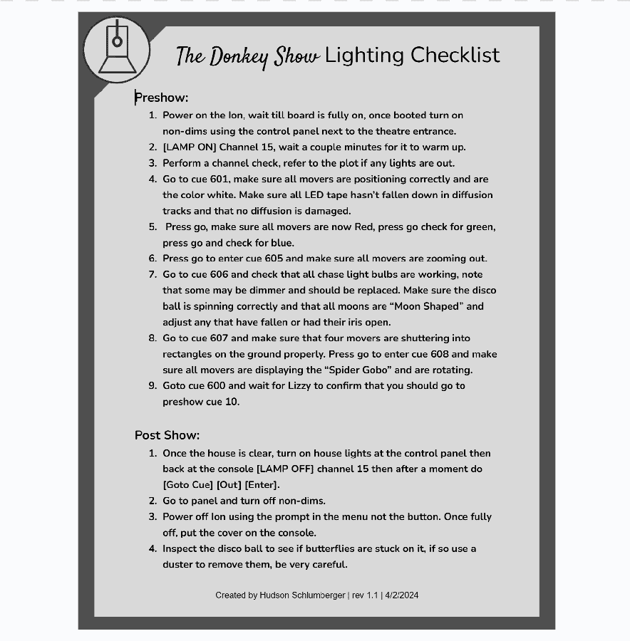 The Donkey Show lighting checklist: numbered preshow and post-show steps