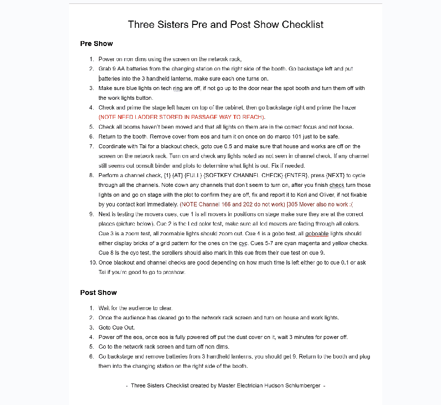 Three Sisters pre and post show checklist: numbered steps for power-up, channel check and shutdown