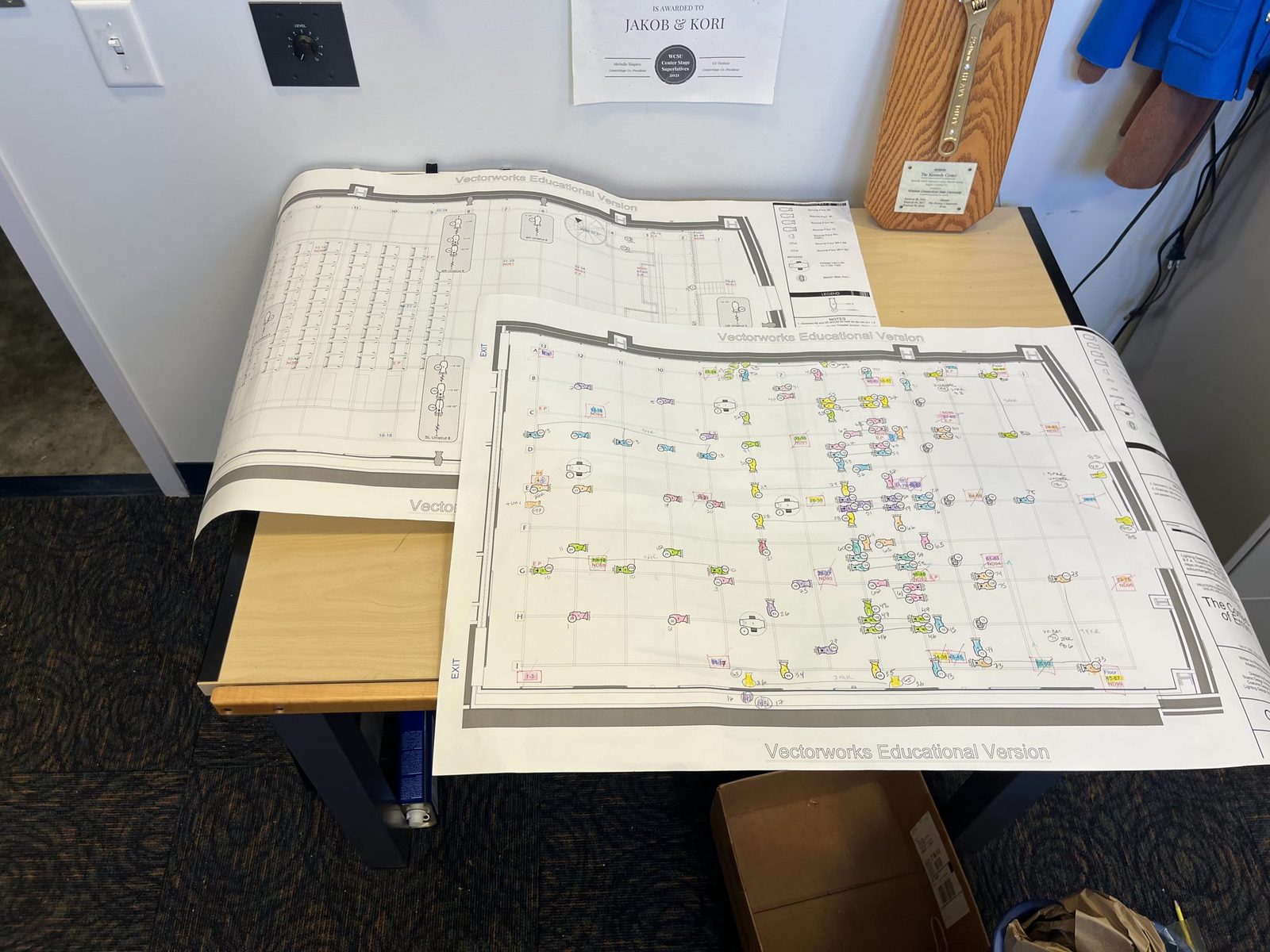 The printed light plot on the tech table