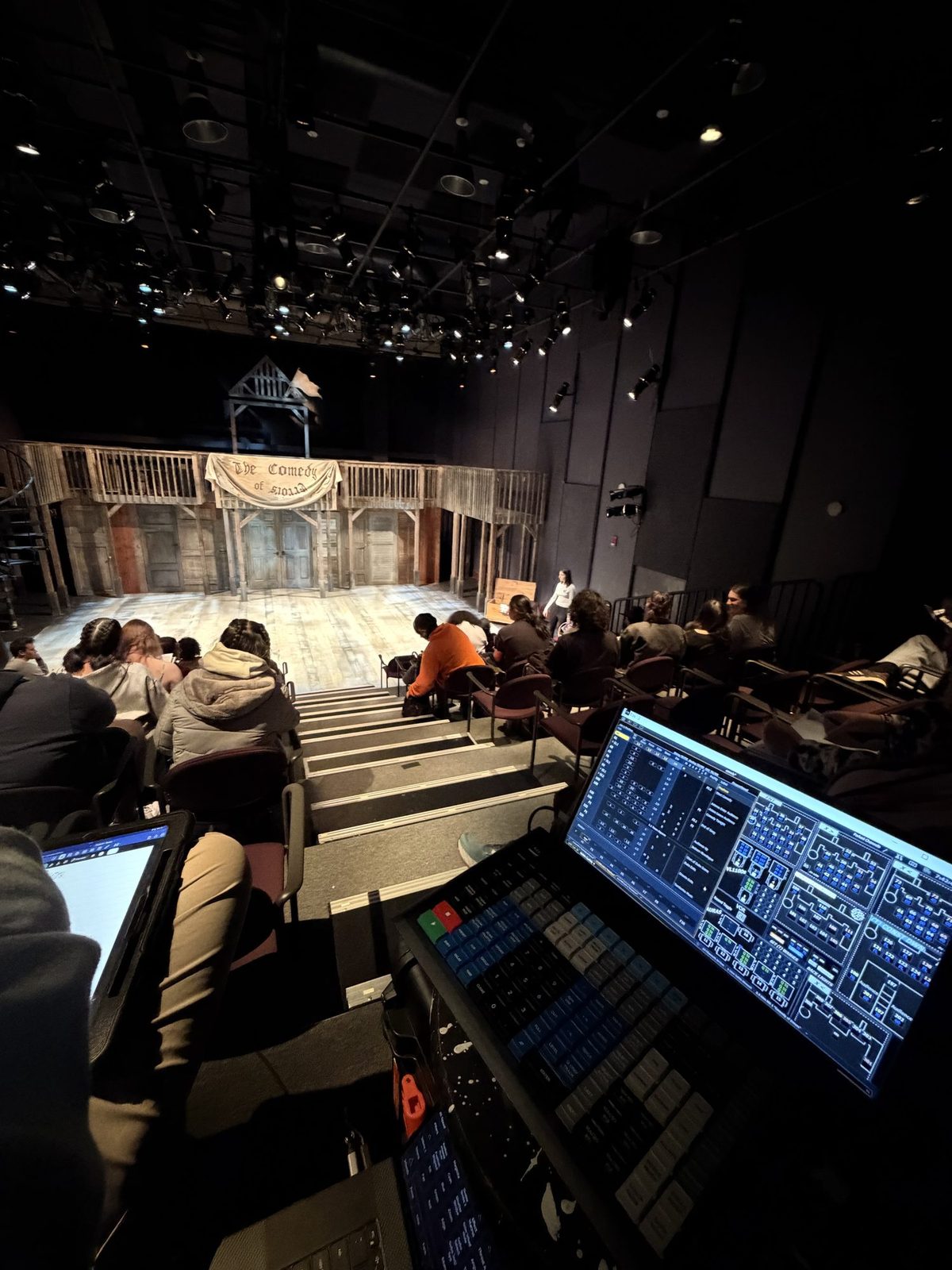 Tech rehearsal seen from the lighting desk