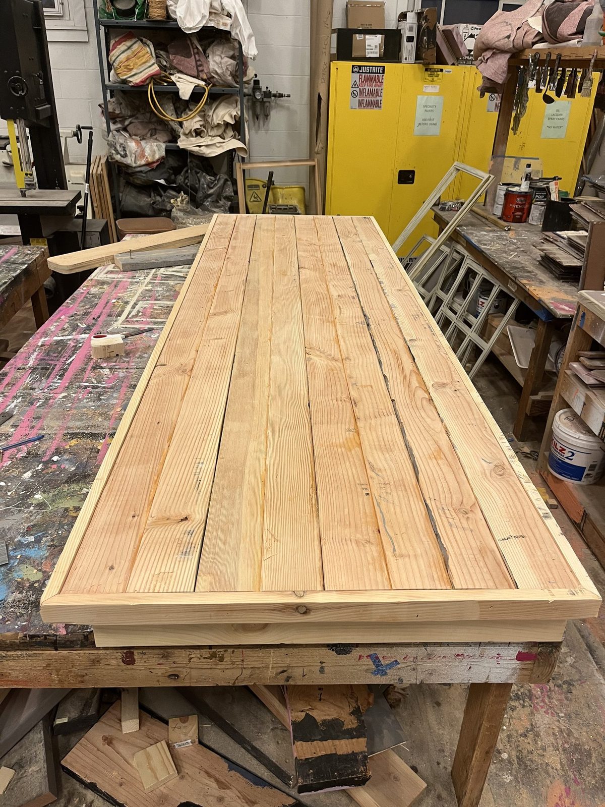 Decking laid out and under construction in the scene shop