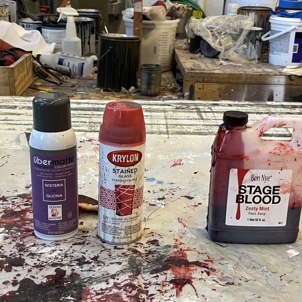Stage blood and spray used for the lamb carcass - Curse of the Starving Class