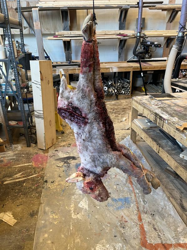The finished lamb carcass hanging in the scene shop
