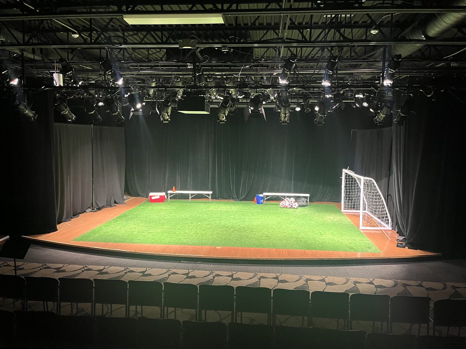 The rig for The Wolves seen from the house, over a turf deck