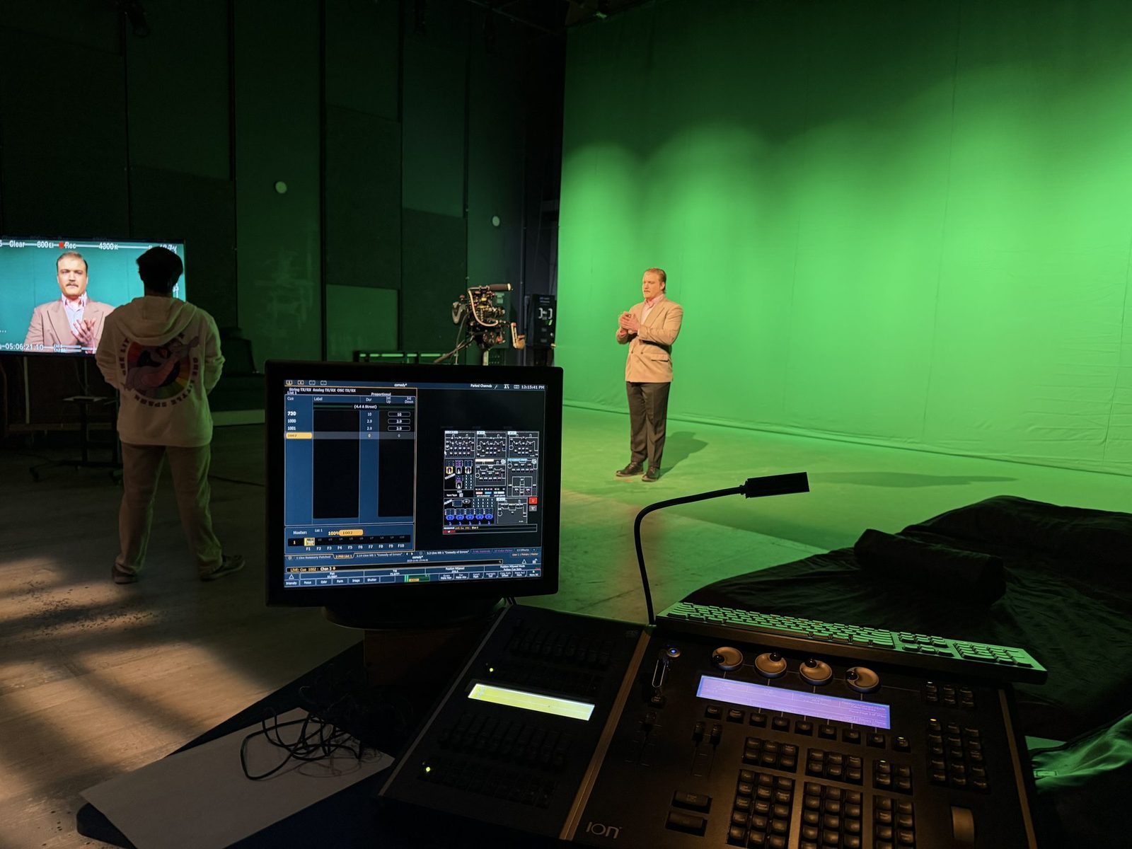 A green screen shoot for the production's video content