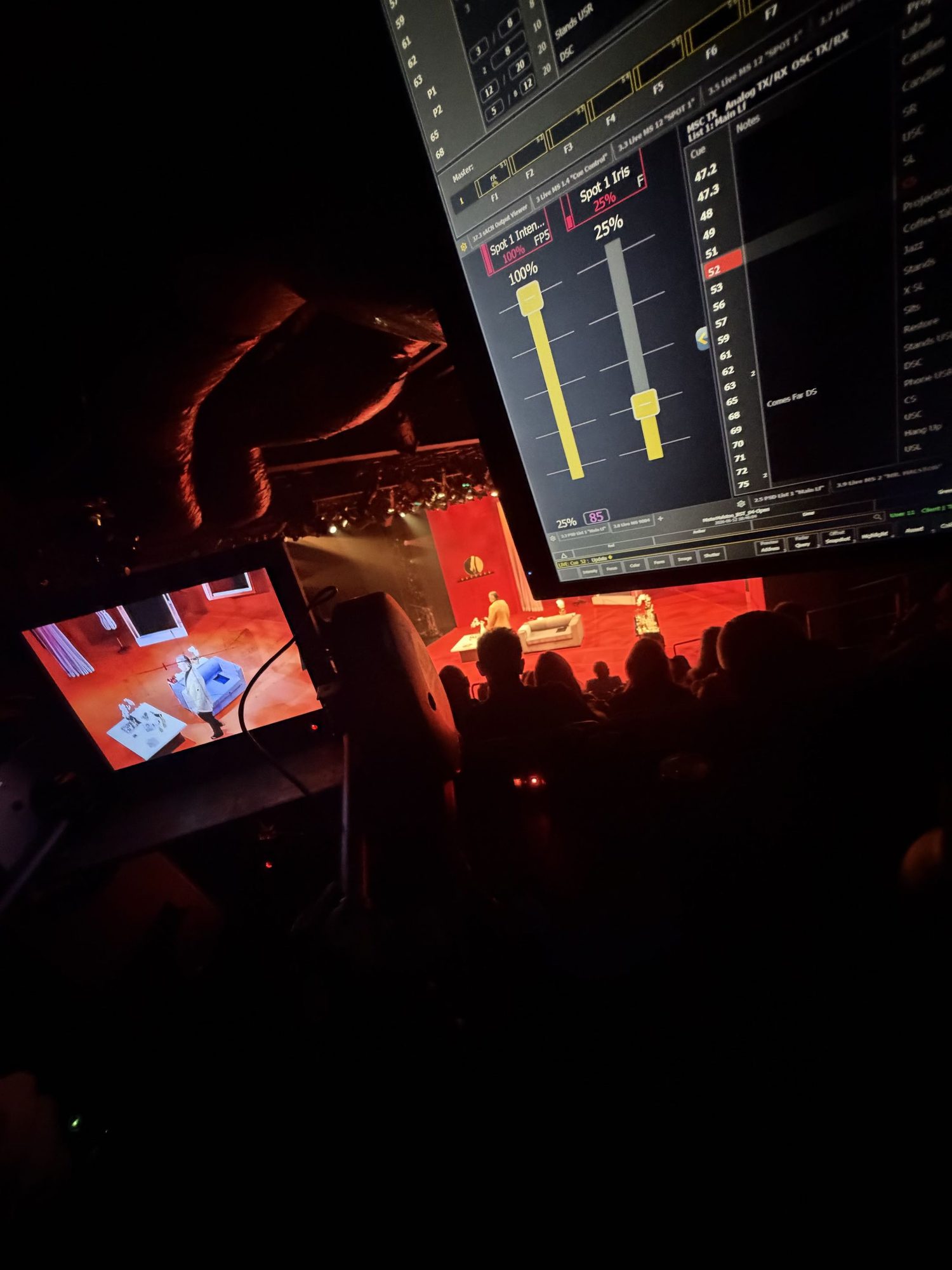 The spot magic sheet and the operator's camera monitor, stage below