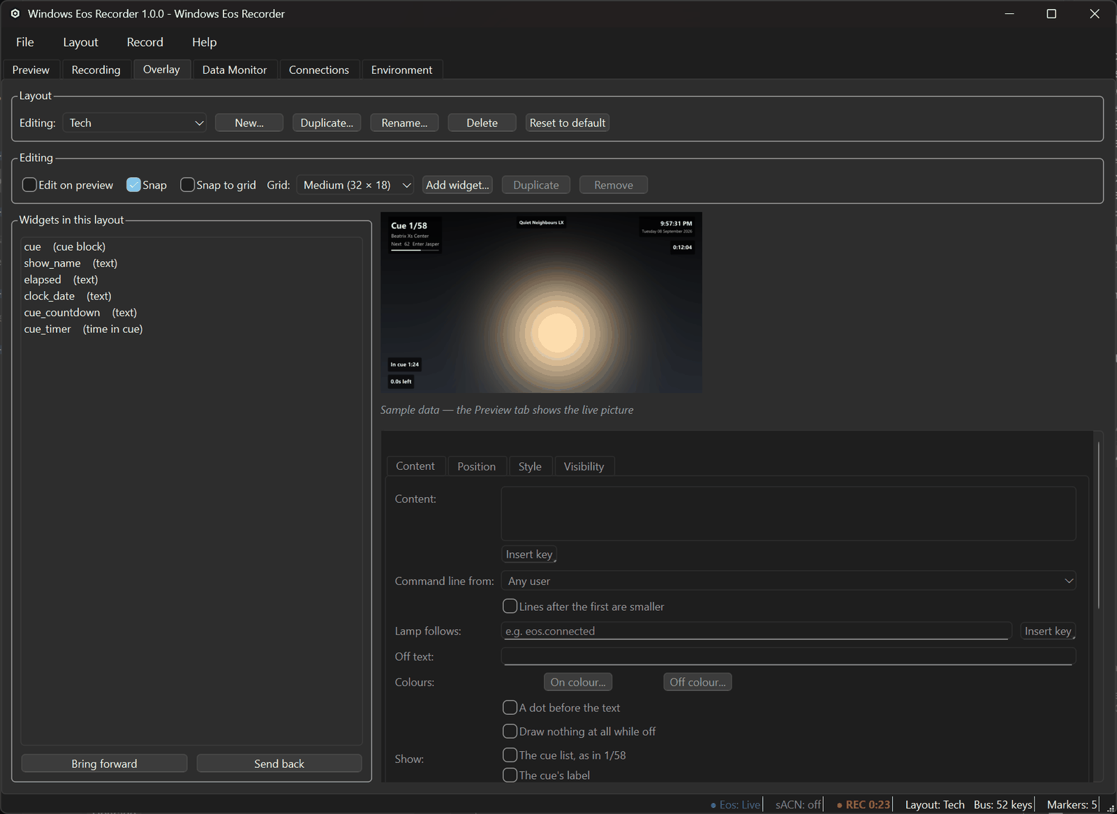 The Overlay tab: the widgets in the Tech layout listed on the left, a sample preview, and one widget's content settings